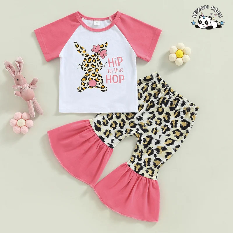LEZONKIDS - Conjunto de Roupas de Páscoa para Meninas com Camiseta de Manga Curta e Calças Flared Personalizáveis com Estilo de Primavera Novo e Impressão de Coelho de Desenho Animado